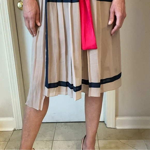 SOLD - BGBC Maxazira Runway pleaded dress, sleeveless, taupe, navy and red, Sz M - Picture 3 of 16